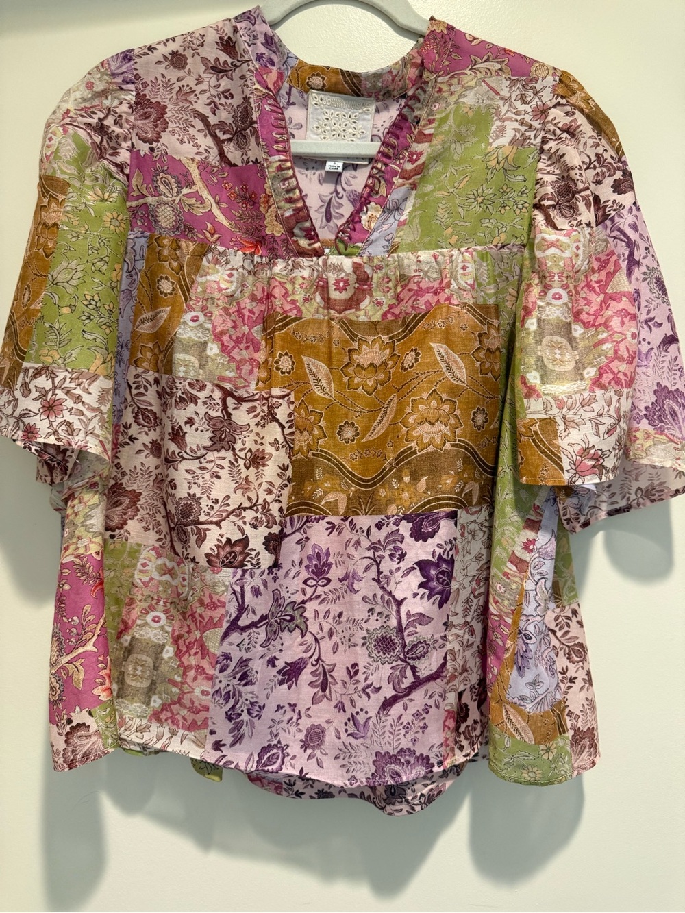 Johnny Was Patchwork Floral V-Neck Blouse in Pink, Green & Gold